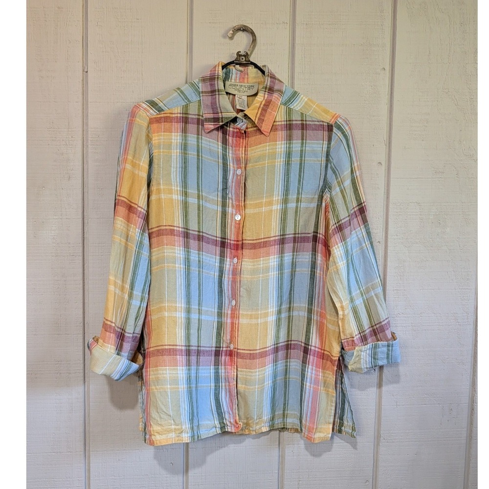 Vintage Jones New York Country Linen Plaid Button Down Shirt Multi-Color